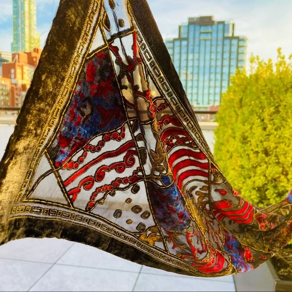 Oscar de la Renta Vintage Royal Velvet Cut Out Mesh Art Long Rectangle Scarf - Picture 4 of 16